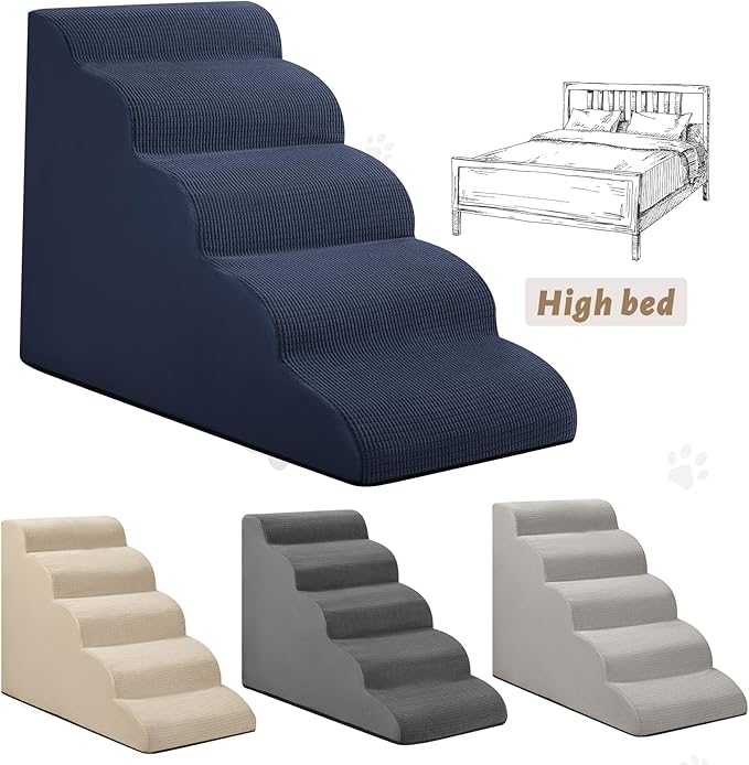 5-Step Dog Stairs and Ramp for High Bed, Non-Slip Sturdy Pet Steps for Small Dogs and Cats,22.2" H,Blue