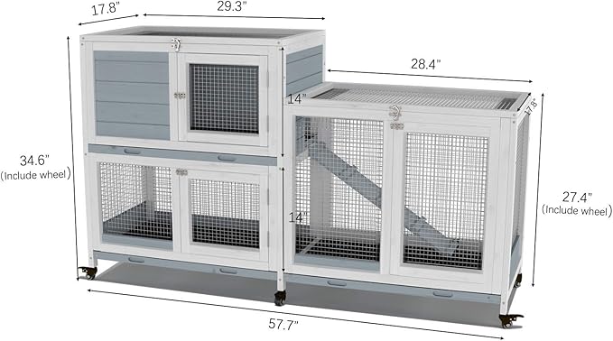GDLF Two Floors 58" Wooden Indoor Bunny Hutch Rabbit Cage on Wheels Guinea Pig PET House for Small to Medium Animals Waterproof No Leak Tray