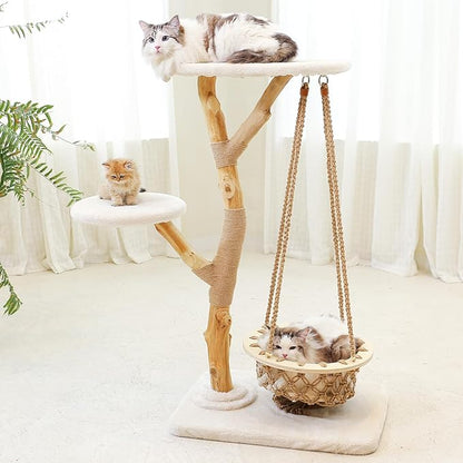50" Tall Cat Tree Tower, Modern Cat Tree for Indoor Cats, Washable Wooden Perchs and Climbers for Large Cats, Cute Cat Furniture with Unique Cat Swing