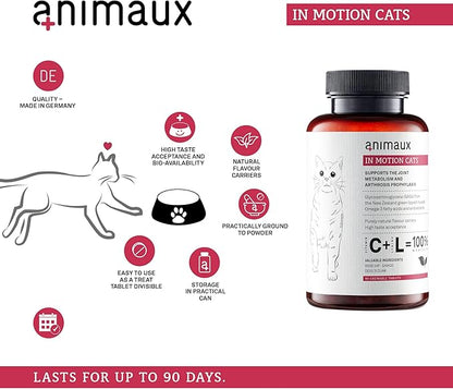 animaux - in Motion Cats, Green-lipped Mussel, Devil's Claw, Rose Hip & Ginkgo, Support for Bones, Joints, Cartilage, tendons, with Hyaluron, Collagen, 90 chewable Tablets, 90 Days Supply