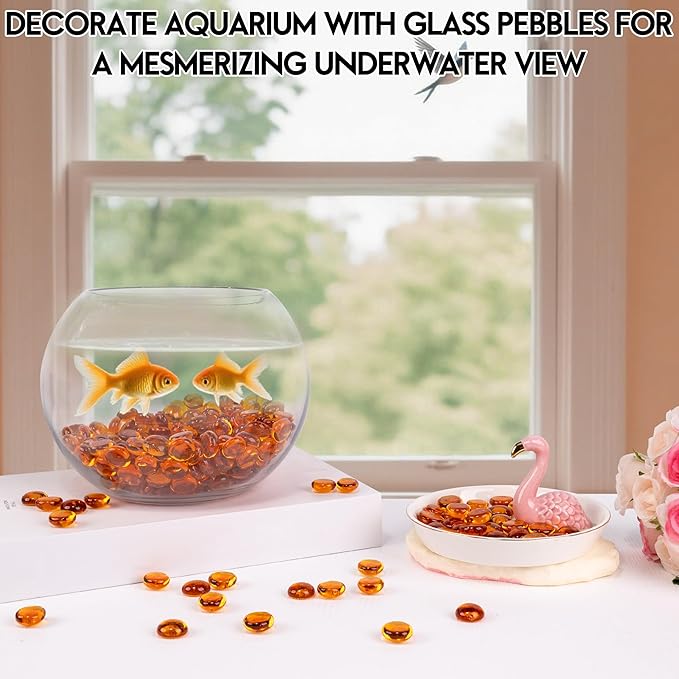 1LB Glass Marbles, Transparent and Smooth Flat Glass Beads for Vases, Mosaic Gem Pebbles for Aquarium Decor, Floral Arrangements, Mancala Stones, Vase Filler and Crafts, Orange
