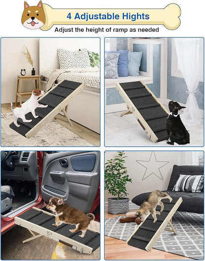Adjustable Dog Ramp, Wooden Folding Portable Pet Ramp,Rated for 30 LBS, 32.6" Long and Adjustable from 10" to 19" with Non-Slip Traction Mat, Dog Step for Bed, Couch,Car (Grey)