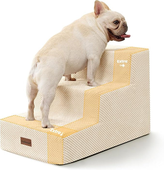 Dog Stairs for Small Dogs & Cats, 3-Step Extra Wide Non-Slip Pet Steps for Couch Sofa and Chair, Beige, 15.7" H