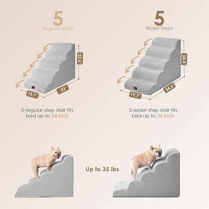 EHEYCIGA Curved Dog Stairs Ramp for High Beds, 5-Step Extra Wide Dog Steps for Small Dogs and Cats, Pet Stairs for High Bed Climbing, Non-Slip Balanced Pet Step Indoor, Light Grey
