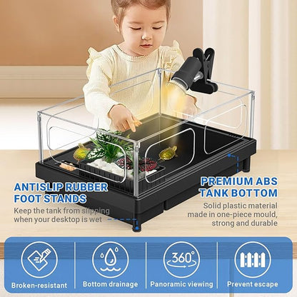 GOZILLA Small Turtle Tank with Adjustable Lamp, Acrylic Turtle Tank Starter Kit, Reptile Habitat and Terrarium with Multi-Functional Areas for Tortoise, Crab, Crayfish, Small Reptile.(Tank+Lamp)