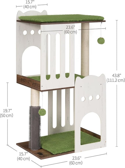 FourFurPets 43.7in 3-Tier Modern Cat Tree Tower Condo, Cat Scratch Posts for Indoor Cats, Big Plate, Two 19.7in Full Sisal Scratching Posts, White