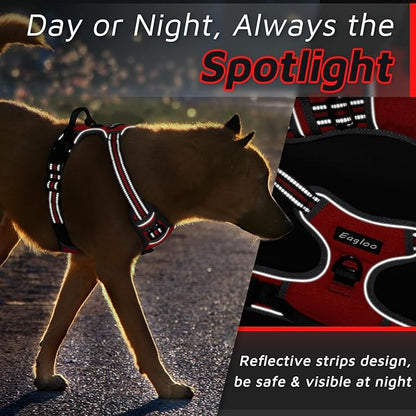 Eagloo Dog Harness for Large Dogs, No Pull Service Vest with Reflective Strips and Control Handle, Adjustable and Comfortable for Easy Walking, No Choke Pet Harness with 2 Metal Rings, Red, L