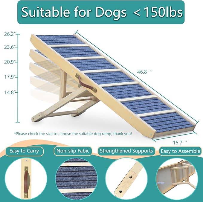 Dog Ramp for Bed, Upgraded 46.8" Long Portable Dog Ramp for Couch, Wood Folding Pet Ramp for All Breeds Large Old Dogs to Get on Bed, 5 Adjustable Heights 14.8" to 26.2" (Wood, Up to 150lbs)