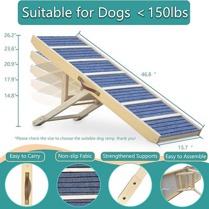 Dog Ramp for Bed, Upgraded 46.8" Long Portable Dog Ramp for Couch, Wood Folding Pet Ramp for All Breeds Large Old Dogs to Get on Bed, 5 Adjustable Heights 14.8" to 26.2" (Wood, Up to 150lbs)