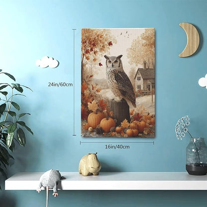 Fall Owl Wall Art Autumn Pumpkin Leaves Wall Decor Rustic Canvas Print Farmhouse Pictures Painting Print Framed Artwork Decorations Gifts for Living Room Bathroom Bedroom Office 16"x24"