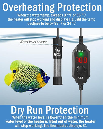 AquaMiracle Adjustable 15W Aquarium Heater Submersible Fish Tank Heater Super Short Aquarium Heater with LED Digital Display Thermostat, for Tanks 1-3 Gallons