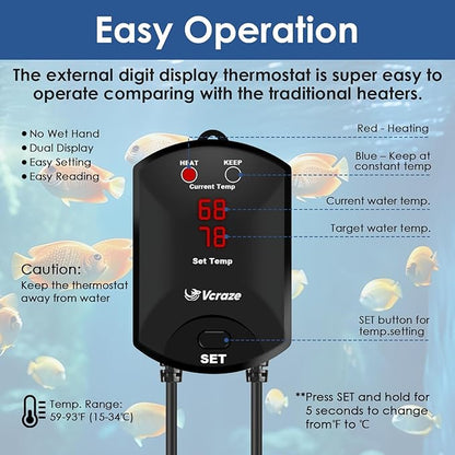 Aquarium Heater 300W Fish Tank Heater with External Thermostat (Dual Digital Display), Turtle Heater for Tanks 40-75 Gallons, Dry-Run/Overheating Protection and Memory Function