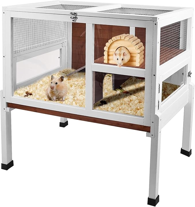 2-Story Guinea Pig Cage with Stand, Indoor Wooden Hamster Cage with Ramp, Pull-Out Tray, Hideout & Platform, Acrylic Transparent Small Animal Habitat for Chinchillas, Ferrets, Hedgehogs, Walnut