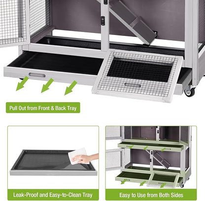 2 Story Rabbit Hutch Indoor Outdoor Rabbit Bunny House Guinea Pig Cage Wooden Pet House for Small Animals with 2 Large Rooms, Chewproof Ramp, Ventilation Door, Removable Trays (Grey)
