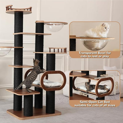 70.8'' Tall Luxury Cat Tree,All i,ne One Black Walnut Wood Modern Cat Tower for Indoor Large,Huge Multi-Level Cat Furniture with Scratching Posts,Condo,Cushion,Clear Bowl,Platform for Home Decoration
