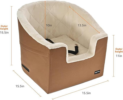 Amazon Basics Pet Car Booster Bucket Seat for Small Pets up to 25lbs, Machine Washable Cover, Clip-On Safety Leash, 18" x 18" x 16", Tan
