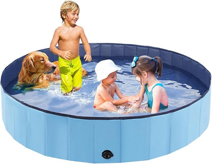 Foldable Dog Bath Swimming Pool Plastic Kiddie Pool Professional Tub Collapsible Grooming Bathtub for Pets Kids Baby and Toddler, 79 x 12 Inches Blue