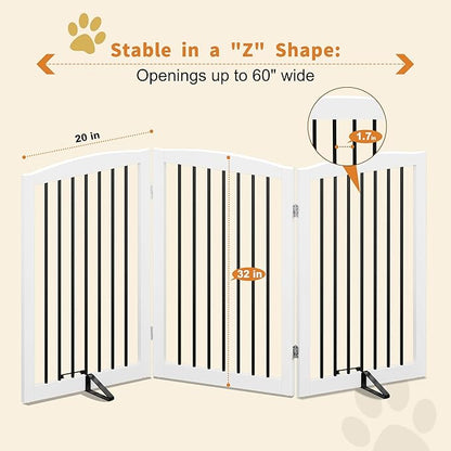 Freestanding Pet Gate for Dogs, Foldable Wooden Dog Gate for House Indoor, Tall Pet Fence for Stair, Doorway,Hall, Support Feet Included, 3 Panels 32",White