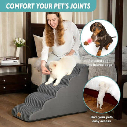 Dog Stairs for High Bed 22.6" H, Small Dog Step for Puppy, Older or Cat, Curved Ramp for Car, Ladder with High Density Foam, Lightweight, Durable, 15.7x33x22.6 inch, 5 Step, Dark Grey