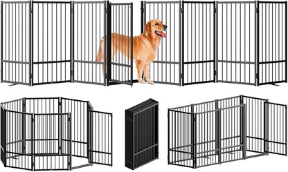 Full Metal Freestanding Dog Gate with Door, 32''Height Foldable Pet Dog Fence for Indoor & Outdoor, 8 Panels Extra Wide Free Standing TallDog Gates for Doorways,House,Stairs,Porch,Deck,Yard