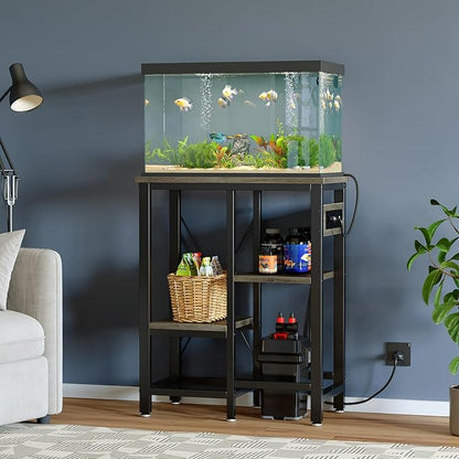 10 Gallon Fish Tank Stand with Power Outlets, 20 x10 Metal Aquarium Stand with 3-Tiers Adjustable Storage Shelves, 6-Legs Reptile Terrarium Stand, 264 LBs