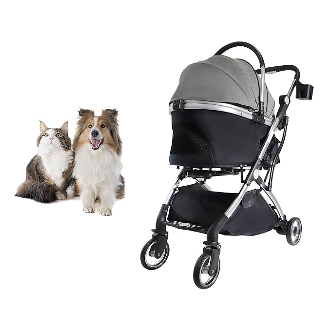 Dog Stroller for Small Medium Dogs, 3 in 1 Folding Pet Stroller Up to 33 lbs, 4 Wheels Pet Strolling Cart with Zipperless Entry, Cat Dog Travel Carrier with Telescopic Handle and Storage Basket