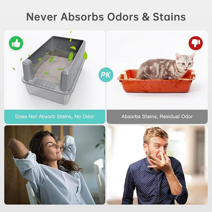 Enclosed Stainless Steel Cat Litter Box with Lid, XL Extra Large Litter Box for Big Cats, Metal Litter Pan High Sided, Never Absorbs Odors, Anti-Urine Leakage, Include Scoop (SH-Light Gray)