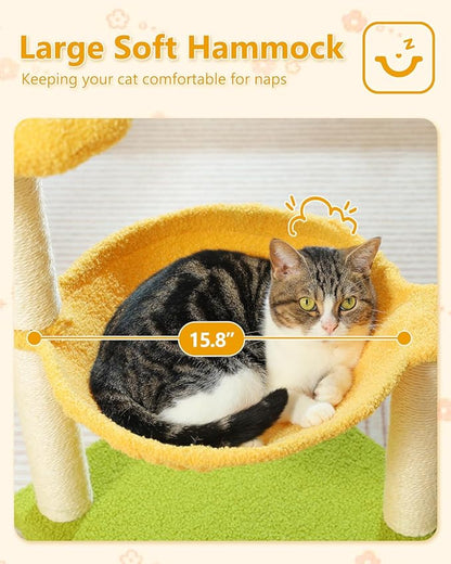 28" Flower Cat Tree Cute with Flower Top Perch, Large Hammock for Indoor Small Cats, Small Cat Tower with Cute Scratching Post and Fur Toy Ball for Kittens, Yellow