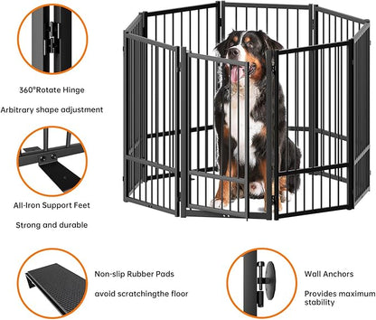 Full Metal Freestanding Dog Gate with Door, 32''Height Foldable Pet Dog Fence for Indoor & Outdoor, 8 Panels Extra Wide Free Standing TallDog Gates for Doorways,House,Stairs,Porch,Deck,Yard