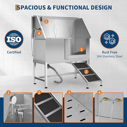 50" Stainless Steel Professional Dog Washing Station - Pet Bathing Tub w/Non-Slip Ramps | Slip-Resistant Floor Grate | for Large/Medium/Small Dogs