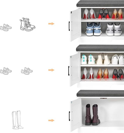 2-Tier Storage Bench, Shoe Bench with Padded Seat Cushion, Entryway Bench with 4 Barn Doors, Adjustable Shelf, 13.8" D x 47.2" W x 17.7" H, for Entryway, Living Room, Bedroom, White