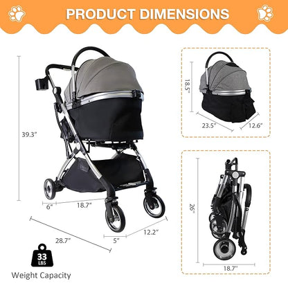Dog Stroller for Small Medium Dogs, 3 in 1 Folding Pet Stroller Up to 33 lbs, 4 Wheels Pet Strolling Cart with Zipperless Entry, Cat Dog Travel Carrier with Telescopic Handle and Storage Basket