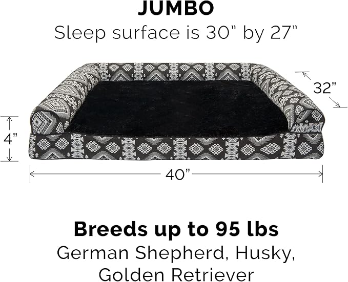 Furhaven Orthopedic Dog Bed for Large Dogs w/ Removable Bolsters & Washable Cover, For Dogs Up to 95 lbs - Plush & Southwest Kilim Woven Decor Sofa - Black Medallion, Jumbo/XL