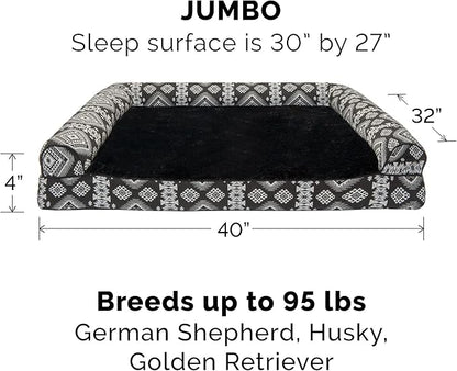 Furhaven Orthopedic Dog Bed for Large Dogs w/ Removable Bolsters & Washable Cover, For Dogs Up to 95 lbs - Plush & Southwest Kilim Woven Decor Sofa - Black Medallion, Jumbo/XL
