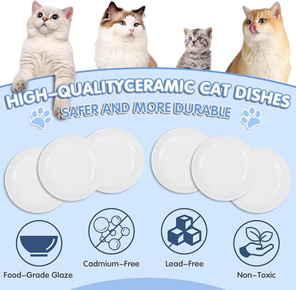 6 Pack Cat Food Bowl, Ceramic Cat Bowls, Anti Whisker Fatigue Cats Bowl,5.5 Inches Shallow Wide Kitten Plates for Food and Water (White)