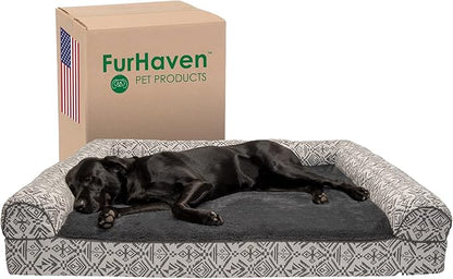 Furhaven Orthopedic Dog Bed for Large Dogs w/ Removable Bolsters & Washable Cover, For Dogs Up to 125 lbs - Plush & Southwest Kilim Woven Decor Sofa - Boulder Gray, Jumbo Plus/XXL