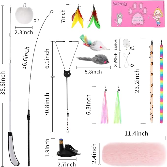 4-in-1 Interactive Cat Feather Toys with Durable Retractable Fishing Pole, Enhanced Suction Cup Toy, Door Hanging Teaser Toy and 11 Attachments Replacements for Bored Indoor Adult Cats