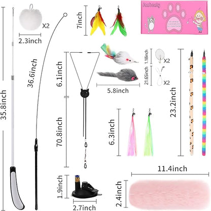 4-in-1 Interactive Cat Feather Toys with Durable Retractable Fishing Pole, Enhanced Suction Cup Toy, Door Hanging Teaser Toy and 11 Attachments Replacements for Bored Indoor Adult Cats