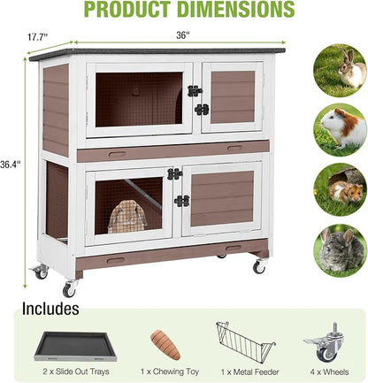 2-Story Rabbit Hutch Indoor Bunny Cage Wooden Guinea Pig House with Chew-Proof Ramp, Leakproof Slide-Out Trays, Lockable Caster Wheels for 1-3 Rabbits (Brown)