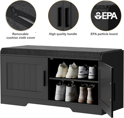 2-Tier Storage Bench, Shoe Bench with Thickened Padded Seat Cushion, Entryway Bench with 2 Doors, Adjustable Shelf, 13.8" D x 37.4" W x 18.5" H, for Entryway, Living Room, Bedroom, Black
