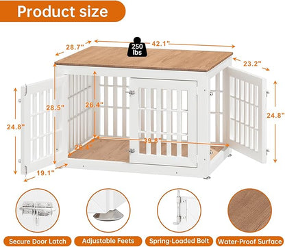 42" Heavy Duty Dog Crate Furniture for Small,Medium and Large Dogs,Rustic Wooden Dog Cage Kennel Indoor Furniture with Waterproof Top,Decorative Pet House Side End Table (White & Wood)