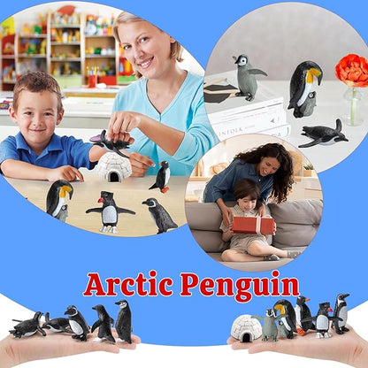 11PCS Penguin Toys, Plastic Arctic Animal Penguin Figures for Kids, Realistic Polar Animals Penguin Figurines Set with Igloo Model, Cake Topper Winter Miniature Toys Decoration
