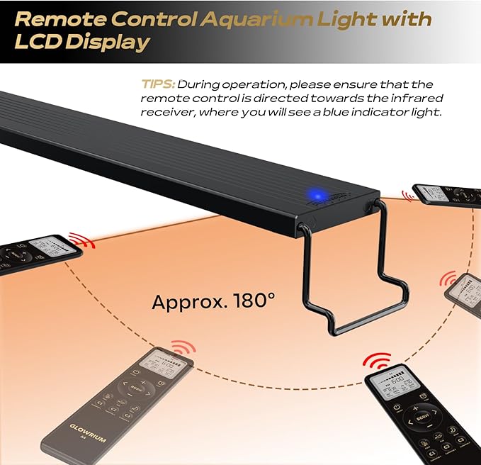 GLOWRIUM LED Aquarium Light with Remote, Full Spectrum Fish Tank Light with Auto Timer, IP67 Waterproof Freshwater Planted Tank Light, Dimmable RGB+W+Moon LEDs with High Performance (9W 12-17in)