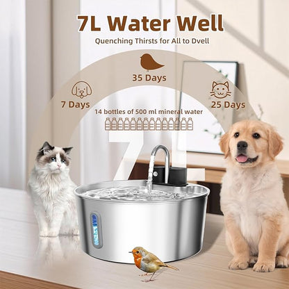 Dog Water Fountain Stainless Steel: 7L/236oz Cordless Large Dog Water Bowl Dispenser Automatic Cat Pet Water Fountain Indoor with Deeper Drinking Area, Multi-Pet Water Fountain with Ultra-Quiet Pump