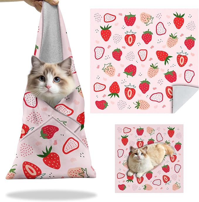 27.6" Cat Grooming Wrap, Self Adhesive Cat Wrap for Cutting Nails, Anti-Escape Calming Cat Swaddle Wrap for Medicine Ear Cleaning, Strawberry Anti-Scratch Cats Burrito Restraint Blanket, Pet Tool