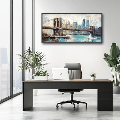 Extra Large Framed Brooklyn Bridge Wall Art,New York City Wall Decor,Abstract Skyline Cityscape Pictures for Living Room,Canvas Print Painting Modern Artwork Bedroom Office Bathroom 60L x30W