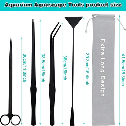 Aquarium Aquascape Tools Kit, Long 15 Inch Stainless Steel Aquatic Plants Tools, 4 in 1 Anti-Rust Black Aquascaping Tweezers Scissors Spatula Scrapers Tool Set for Fish Tank Cleaning Plant Trimming