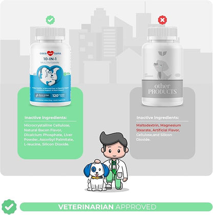 10 in 1 Multivitamin for Dogs - 120 Chewable Tablets with Glucosamine and Chondroitin - Fish Oil & Vitamins with Coq10 for Skin & Heart Health, Gut & Immune Support