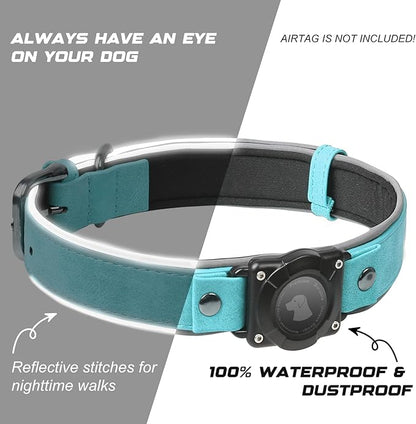 AirTag Dog Collar - Leather Dog Collar with Air Tag Holder | IPX8 Waterproof, Reflective, High - End, Adjustable Soft Padded | Dog GPS Tracker Collars Fit for Medium Large Dogs (Light Blue, L)