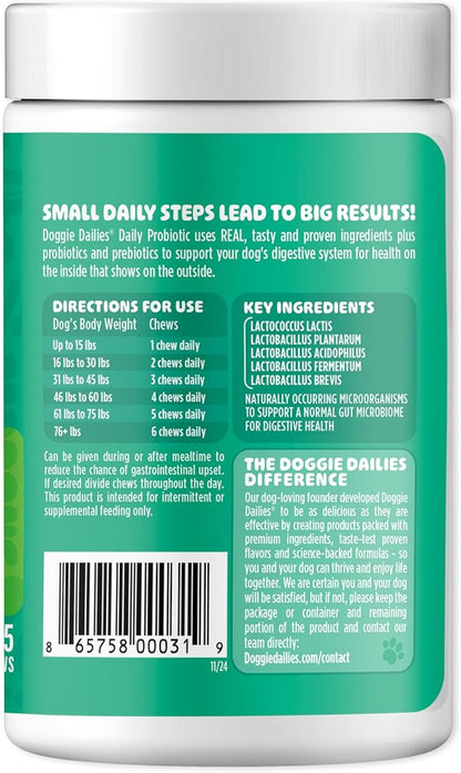 Doggie Dailies Probiotics for Dogs, Advanced Probiotics with Prebiotics, Promotes Digestive Health, Supports Immune System & Overall Health, Duck Flavor, 225 Chews